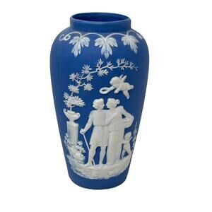 Antique Germany Schafer Vater Blue Jasperware Vase Grecian Ladies Cherub 5.5"